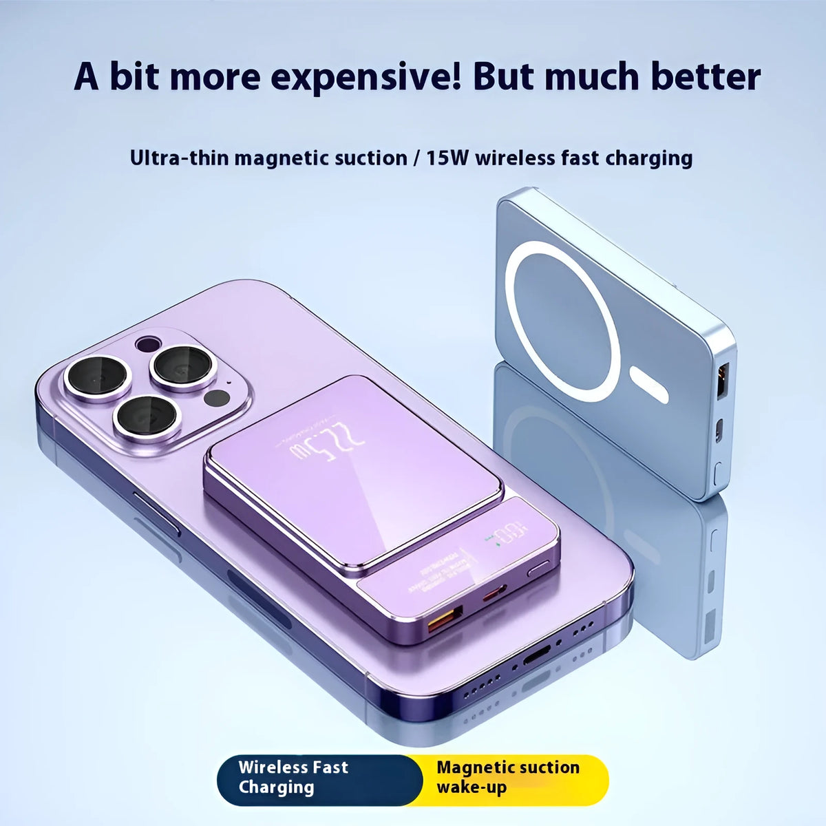 Magnetic wireless power bank in black, white, blue, or purple, plastic body, 5000 mA or 10000 mA options