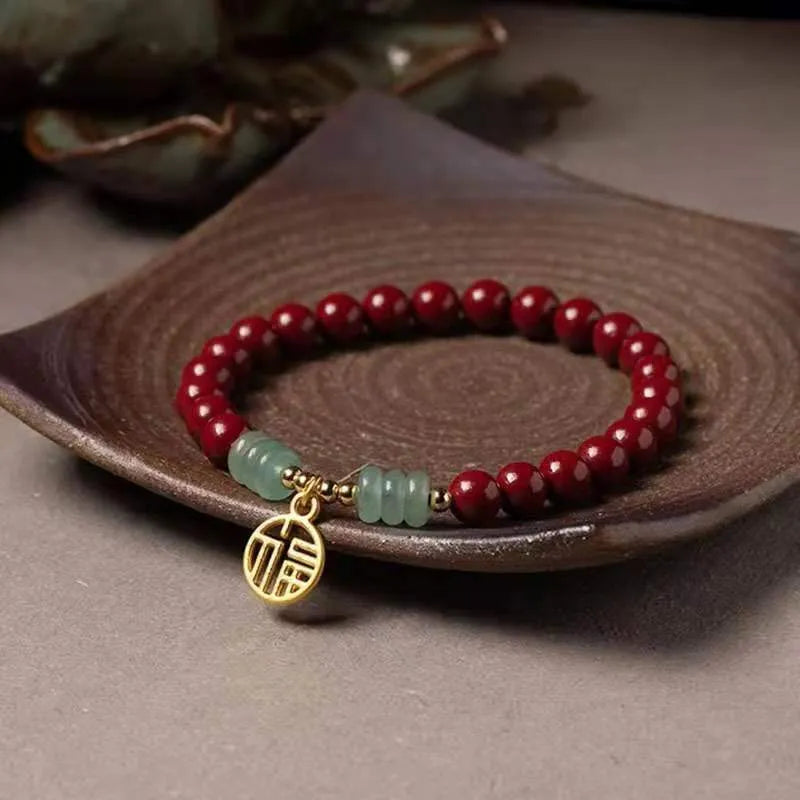 Handcrafted gold cinnabar wave bracelet with copper beads in national style design