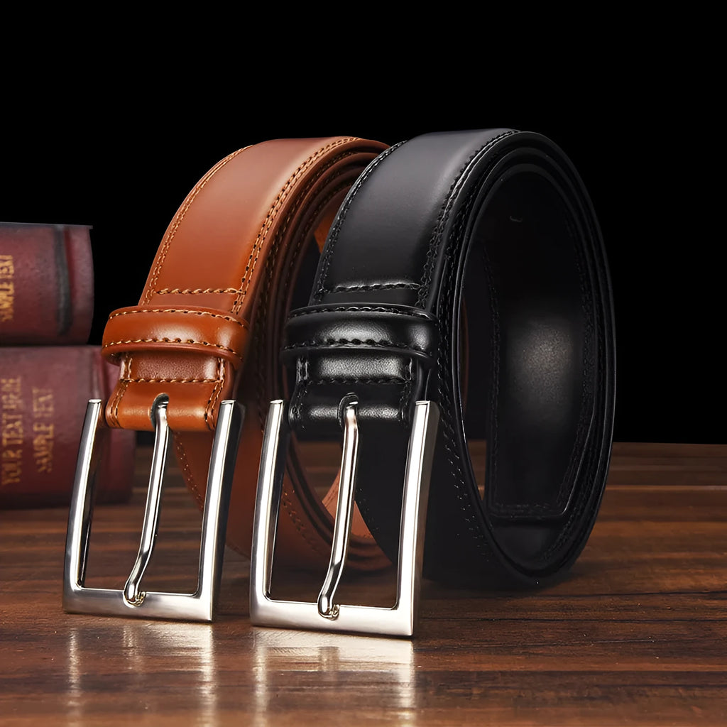 Men's genuine leather belt with alloy pin buckle in classic black colour