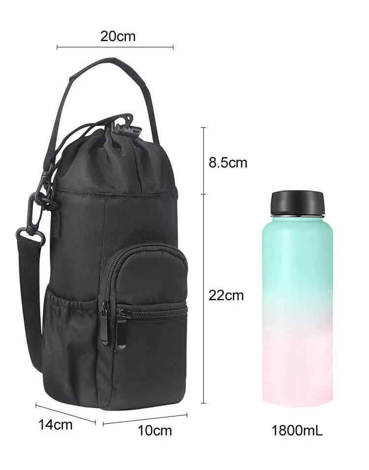 Cloth water bottle pouch with an adjustable crossbody strap in black, green, and pink colour options.