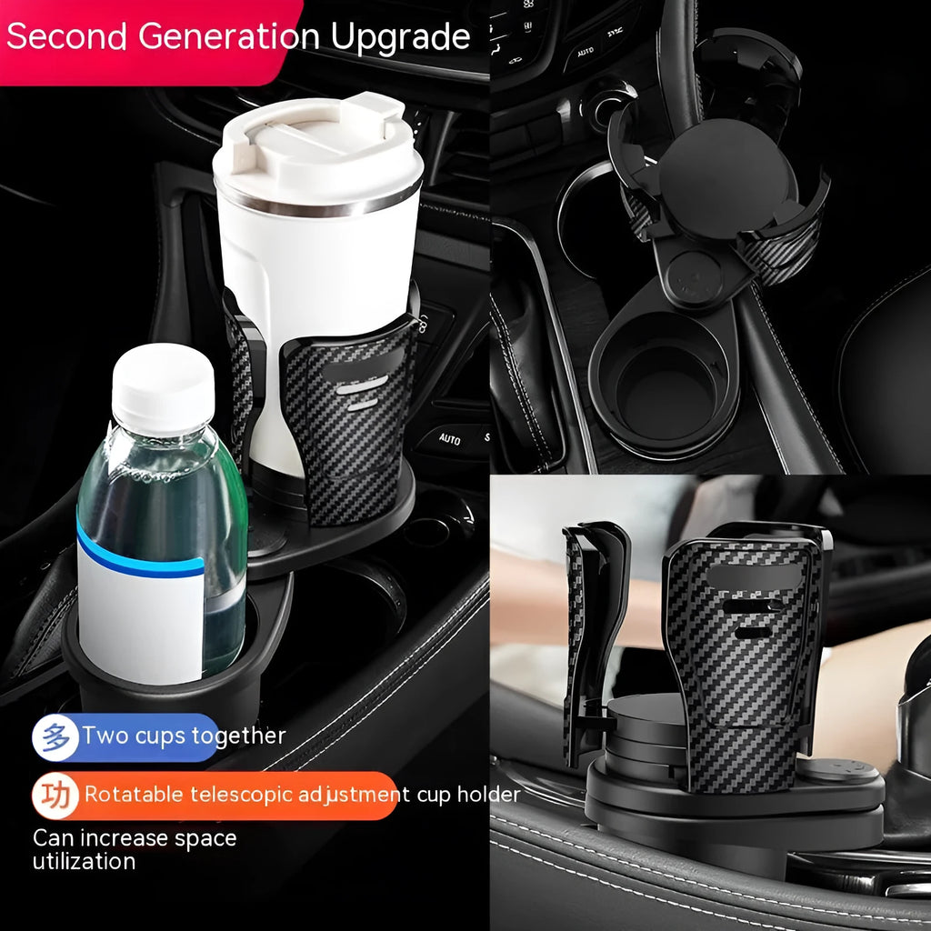 Second generation upgrade car cup holder modification tray in carbon fibre and matte ABS plastic finish.