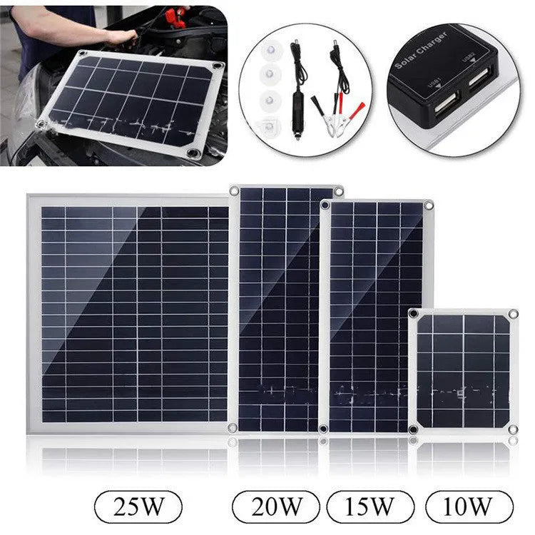Polysilicon solar charging panel with dual USB ports for outdoor mobile phone charging.