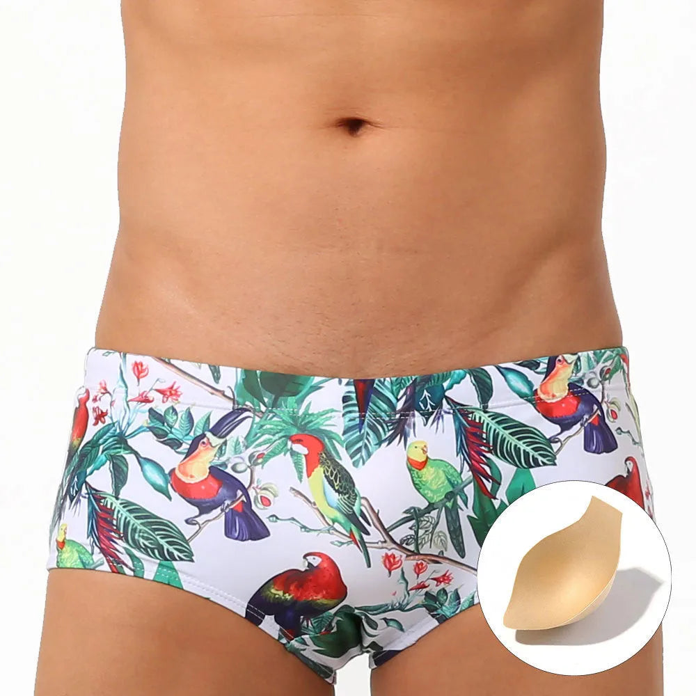 Men's flower and bird print swimming trunks in small boxer brief style with nylon fabric