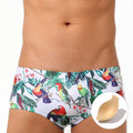 Men's flower and bird print swimming trunks in small boxer brief style with nylon fabric