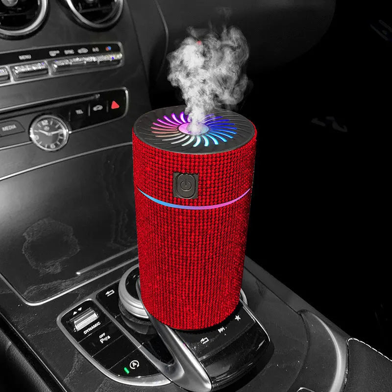 Car mounted air purifier and humidifier unit with diamond finish and LED lighting in seven colour options