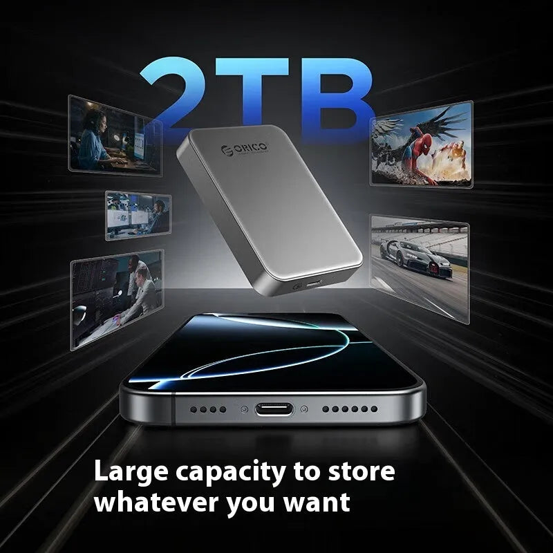 Grey magnetic mobile SSD with ultra-thin design and magnetic suction ring for portable storage expansion