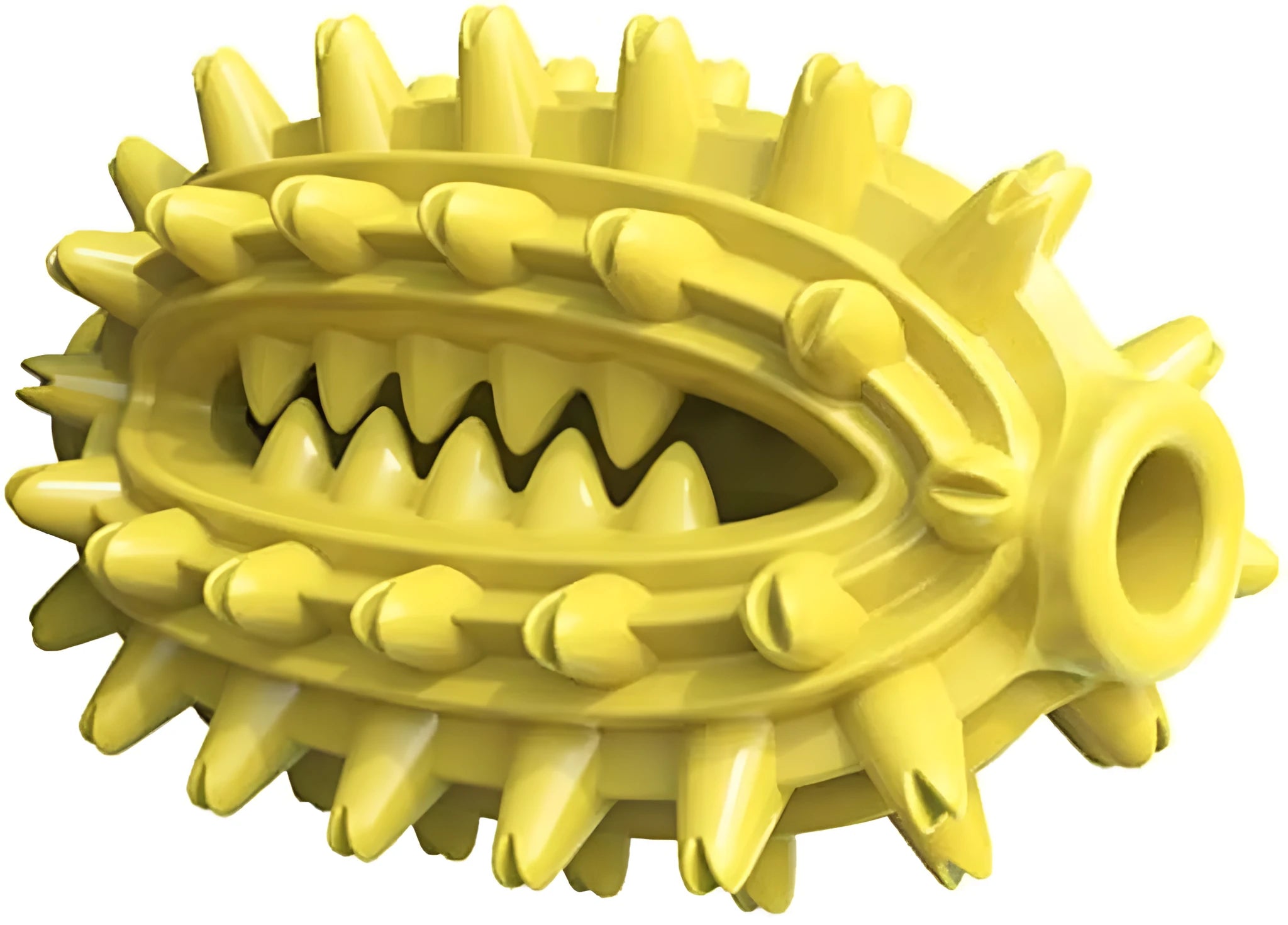 Green cactus-shaped dog chew toy with textured bumps for dental cleaning, showing central treat channel
