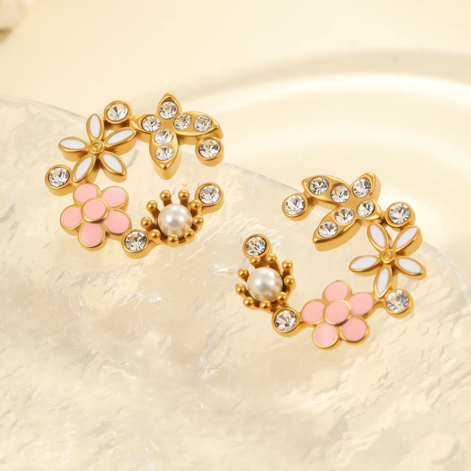 Flower stud earrings with colourful oil diamond petals on stainless steel with 18K gold electroplating