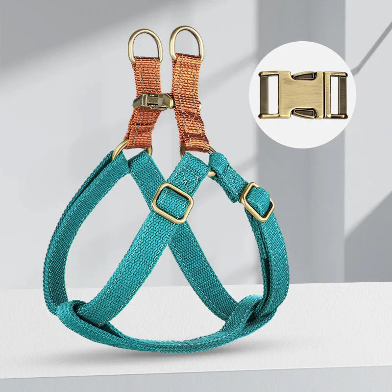 Brown vest-style anti-loss dog leash with adjustable sizing and alloy fastener