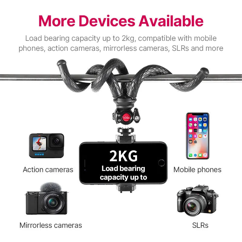 Black octopus mobile phone tripod set with flexible legs and clip extended to 360mm