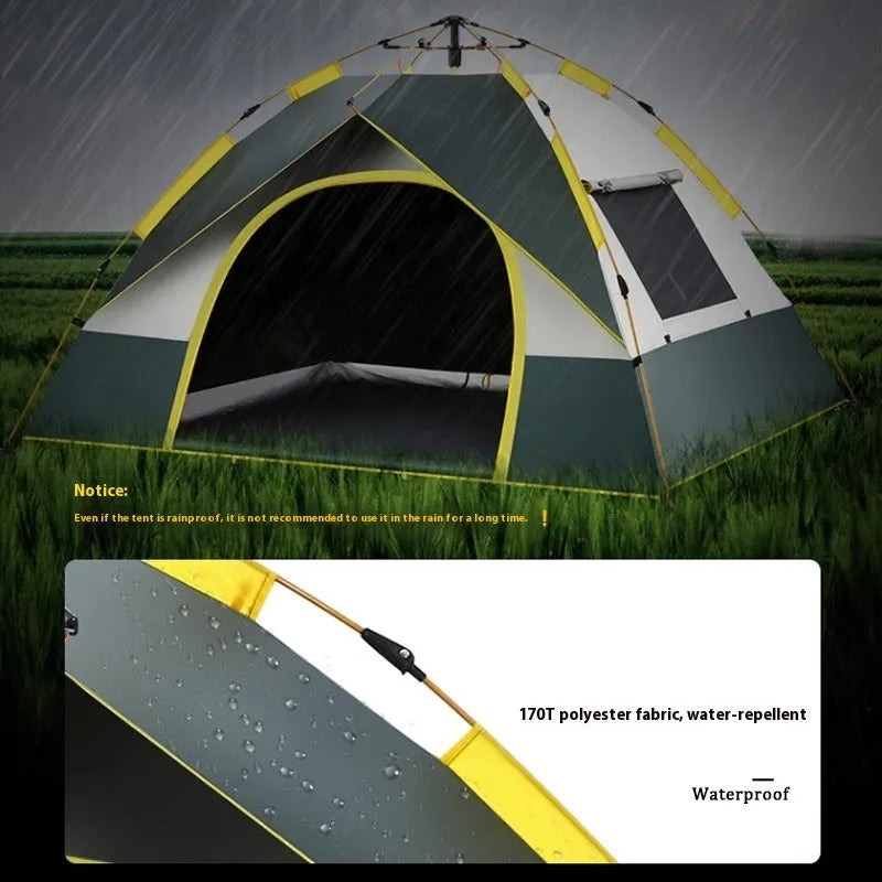 Dark green automatic camping tent with fibreglass poles and silver tape coating set up outdoors
