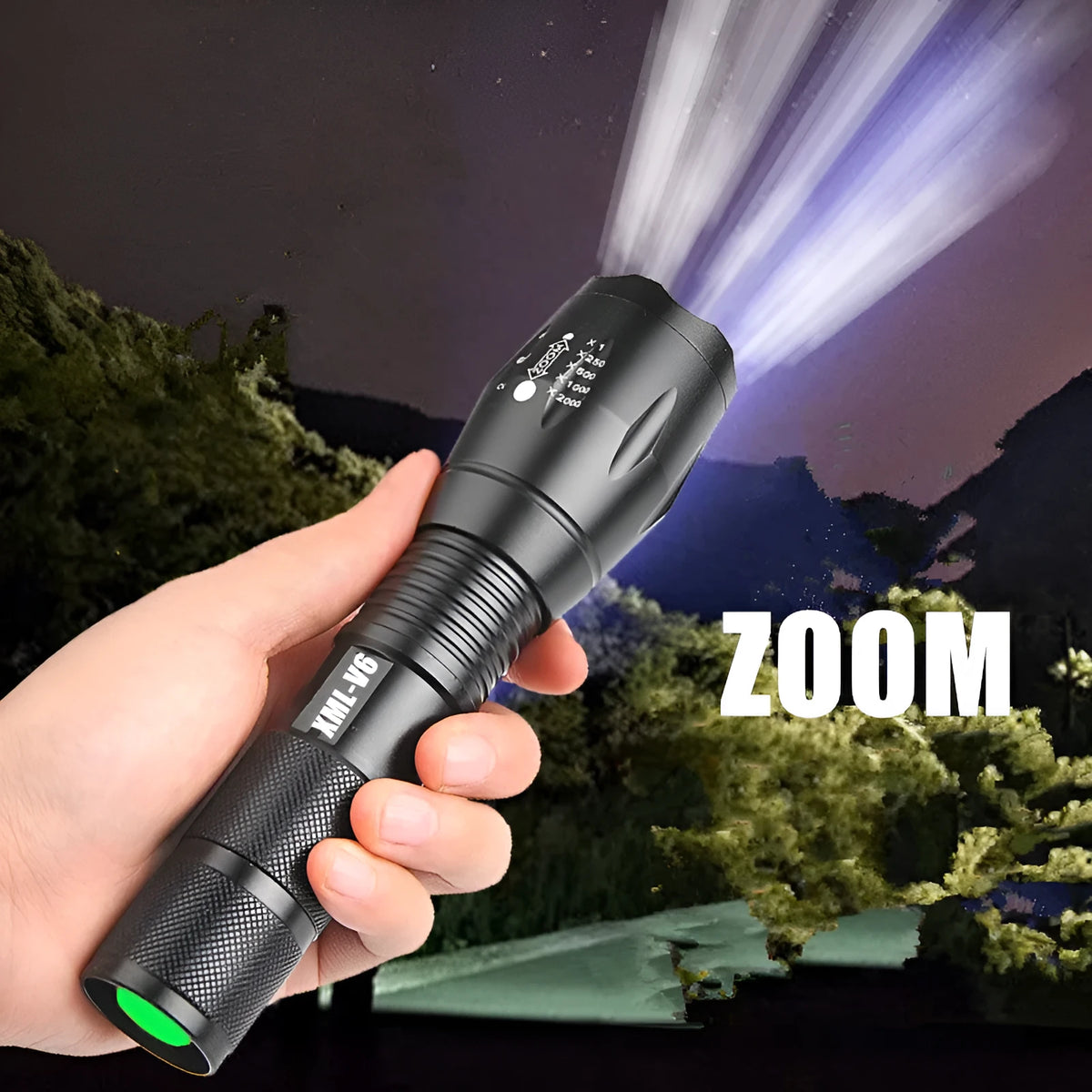 Black aluminium zoomable LED flashlight showing adjustable focus head and textured anti-skid grip.