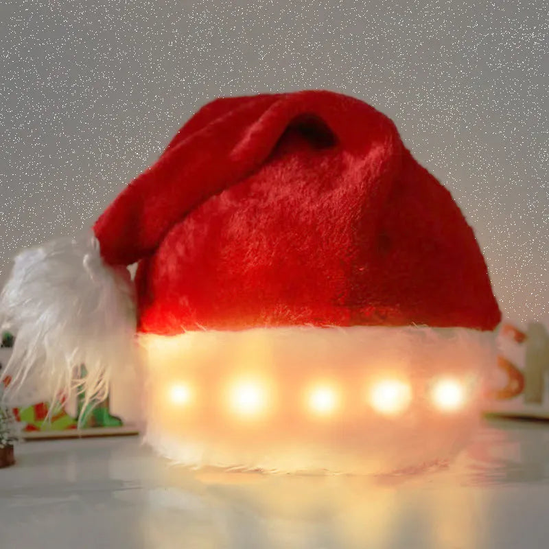 Red and white plush Santa hat with LED lights glowing in multiple colours on stretch spandex material