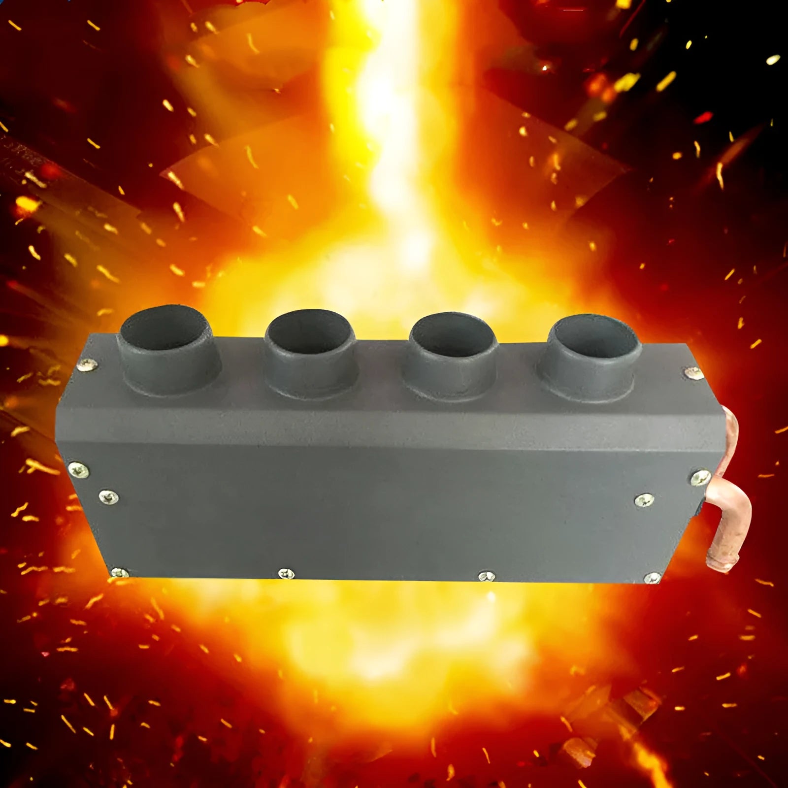 Compact metal 12V 24V car heater with four copper pipes and manual control, dimensions 34cm by 12cm by 8cm.