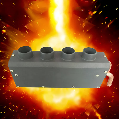 Compact metal 12V 24V car heater with four copper pipes and manual control, dimensions 34cm by 12cm by 8cm.