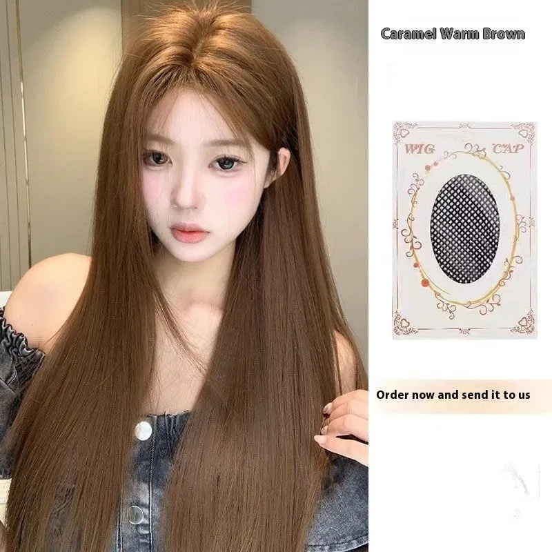 Warm brown long straight wig with centre-parted bangs and forehead lace hair net