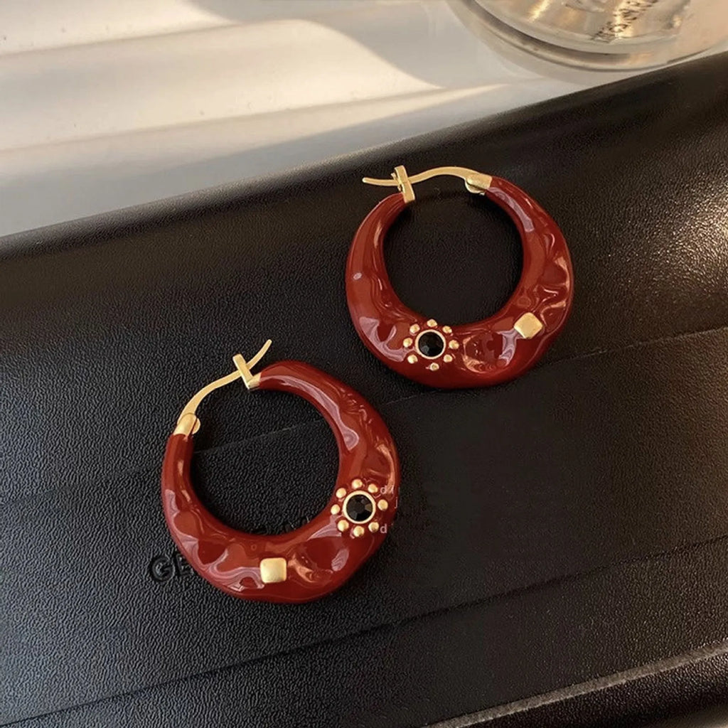 Hong Kong style black and red alloy ear studs with rhinestone decoration and dripping oil treatment