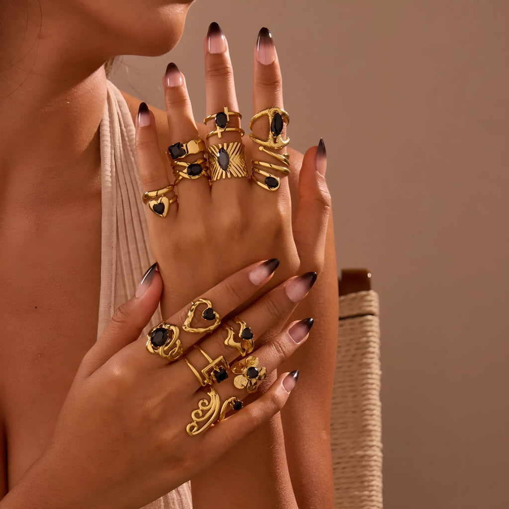 Adjustable open mouth geometric ring with zircon detailing and titanium electroplated finish