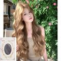 Medium length curly synthetic wig in linen brown colour with defined curls and included hair net
