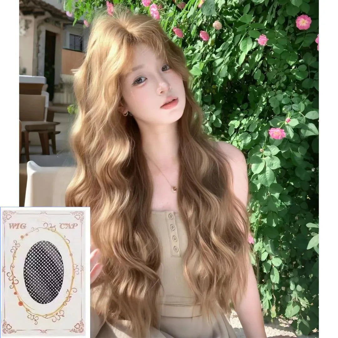 Medium length curly synthetic wig in linen brown colour with defined curls and included hair net