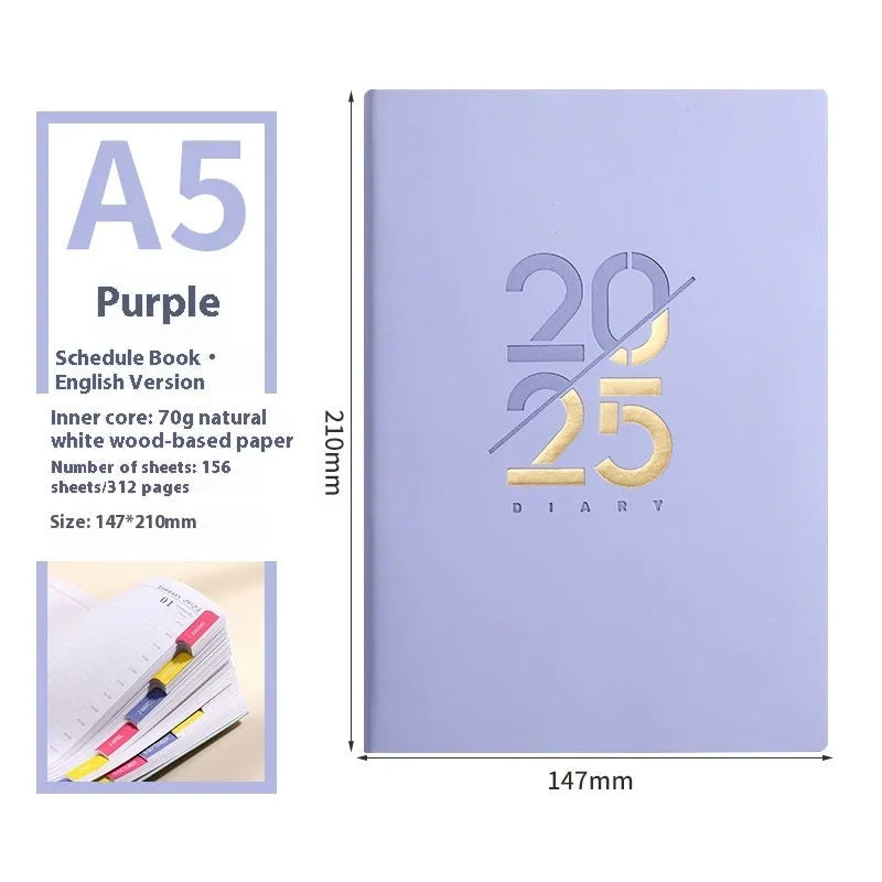 A5 2025 daily planner schedule book with faux leather cover shown in blue colour option