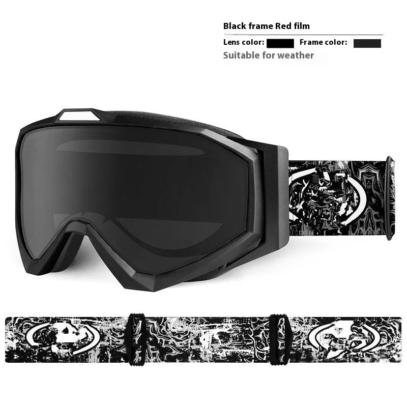 Double layer motorcycle goggles with TPU frame and anti-fog lens in black red blue or silver with storage bag