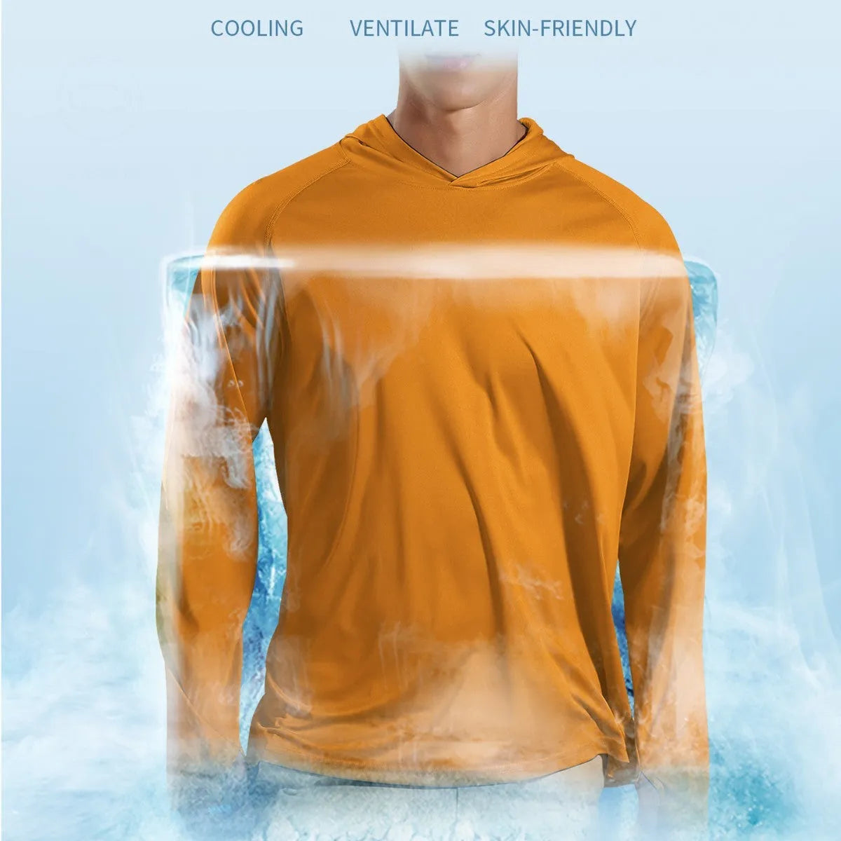 Outdoor UV-protection long sleeve hooded top in polyester for fishing, hiking, and camping