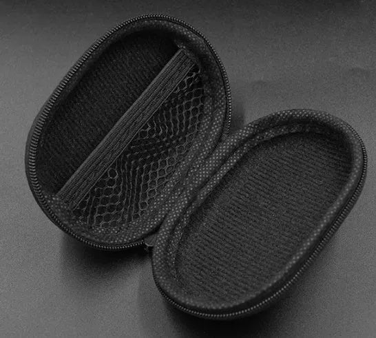 Black oval leather earphone storage pouch for compatible headphone models.