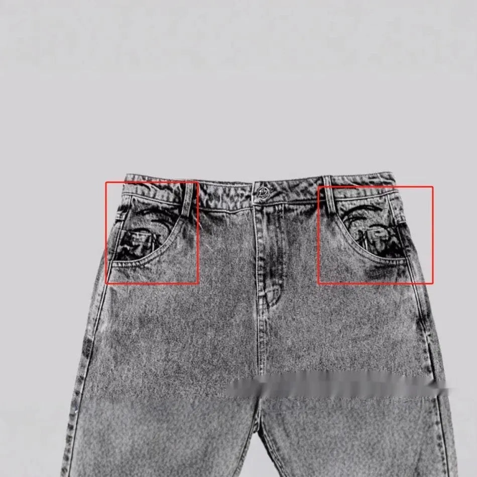 Grey loose straight-leg cotton denim trousers with mid waist design on hanger