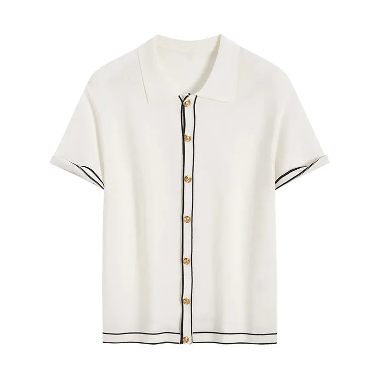 White women's cardigan with contrast colour lapels and short sleeves