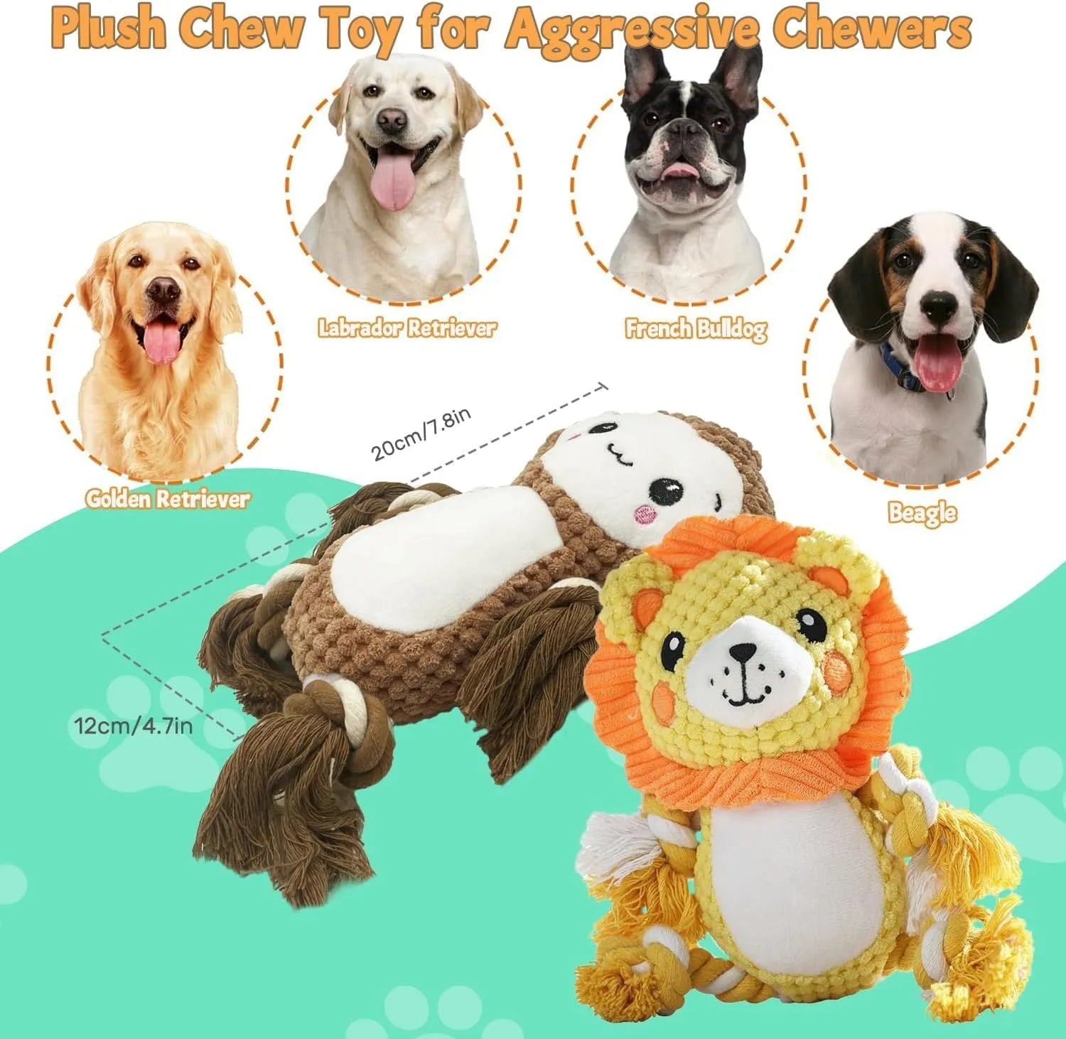 Lion and monkey stuffed squeaky dog toys bundle with plush fabric for medium and large breed dogs