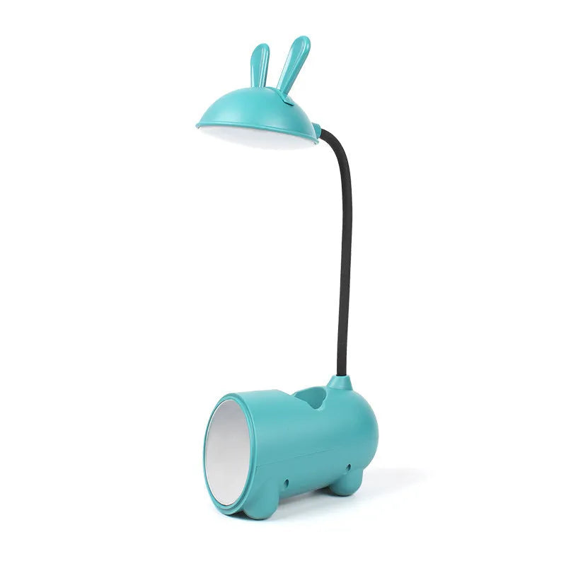 Cartoon-style USB desk lamp with pen container in dark blue, green or pink colours