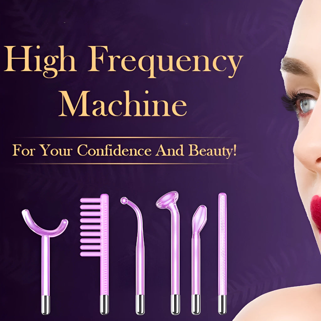 Professional purple high wave electrotherapy rod with six accessory heads for commercial skin treatments.