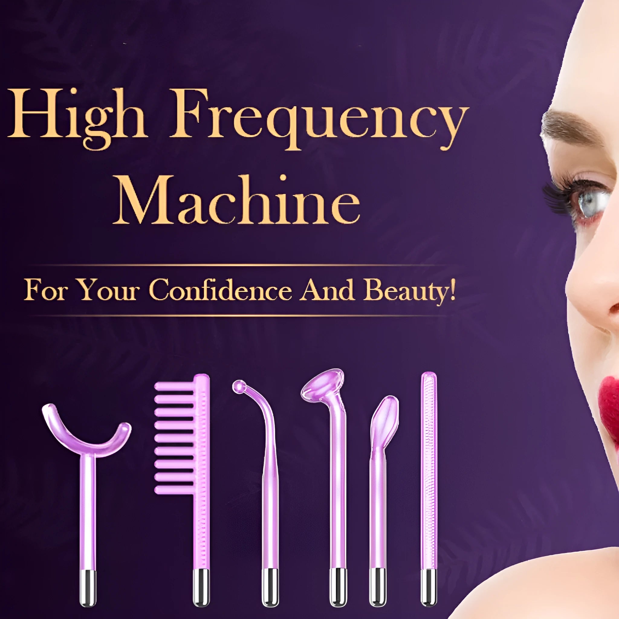 Professional purple high wave electrotherapy rod with six accessory heads for commercial skin treatments.