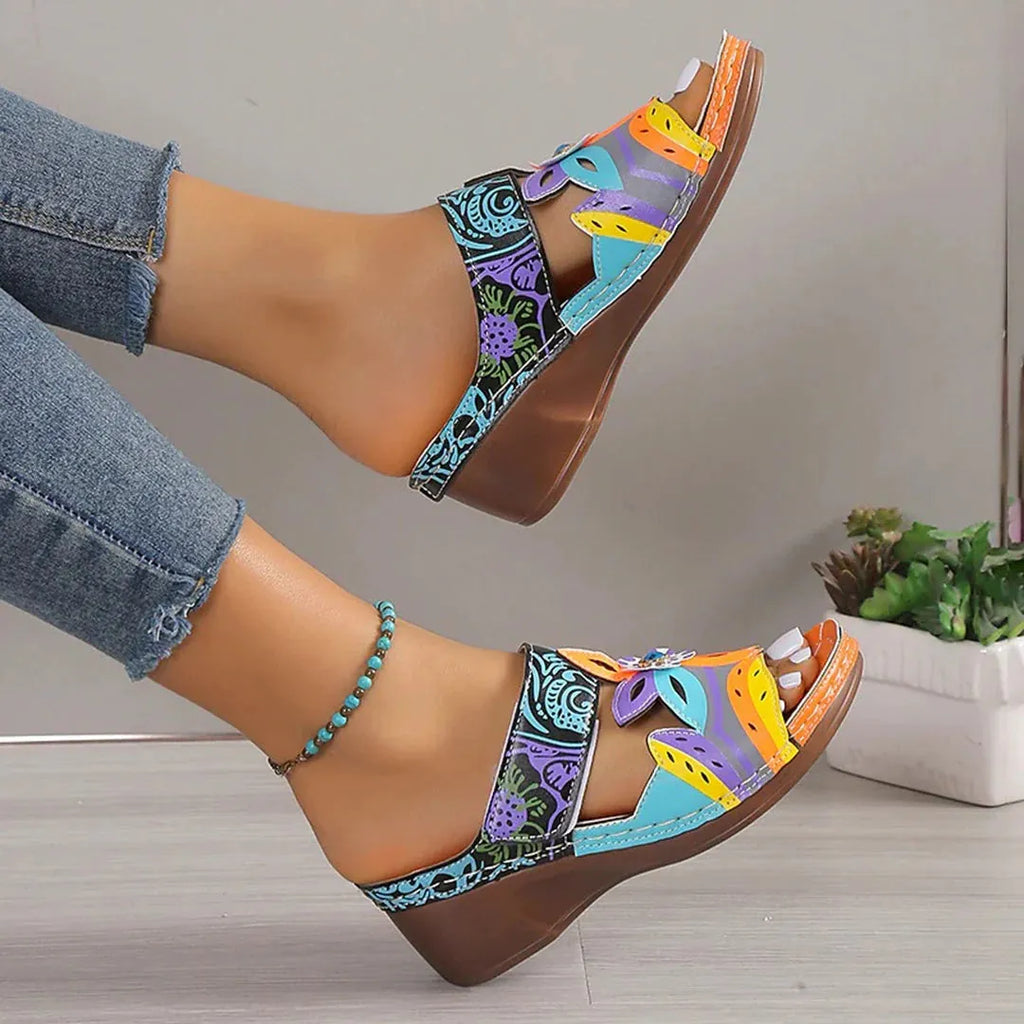 Ethnic cool girl coloured slope and totem design slippers in cowhide leather