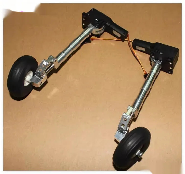 Alloy retractable shock-absorbing landing gear for toy aircraft with wheels, showing altitude size options.