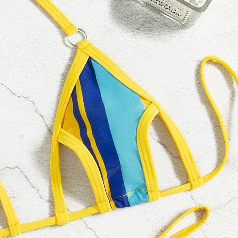 Women's yellow hollow neck-hanging swimsuit with high waist and backless design