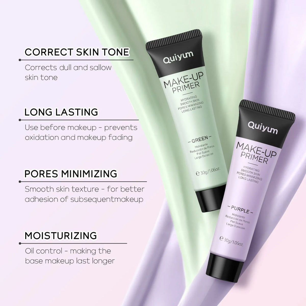 30g tube of colour-correcting make-up primer showing purple, pink, green, and nude shade options