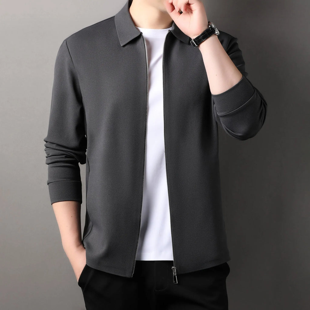 Men's straight hem polyester jacket in apricot, black, or dark grey on a size chart