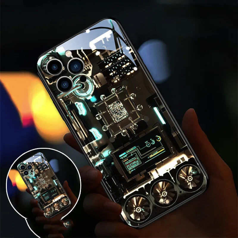 Xpress 14 tempered glass iPhone case with illuminated diamond grid pattern lighting up.