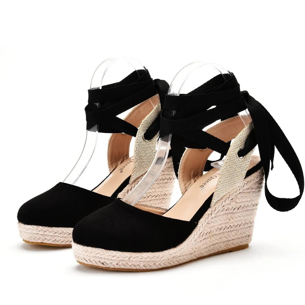 Women's apricot bohemian wedge sandals with bead details and an adjustable buckle on a 10.5cm heel.