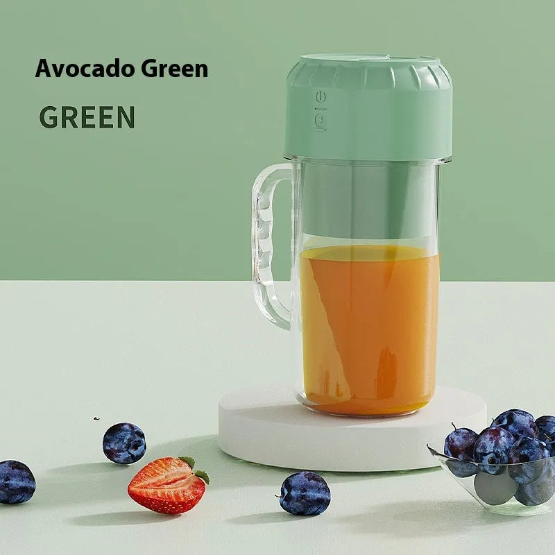 Portable mini juicer in avocado green with USB cable and multiple blade options.