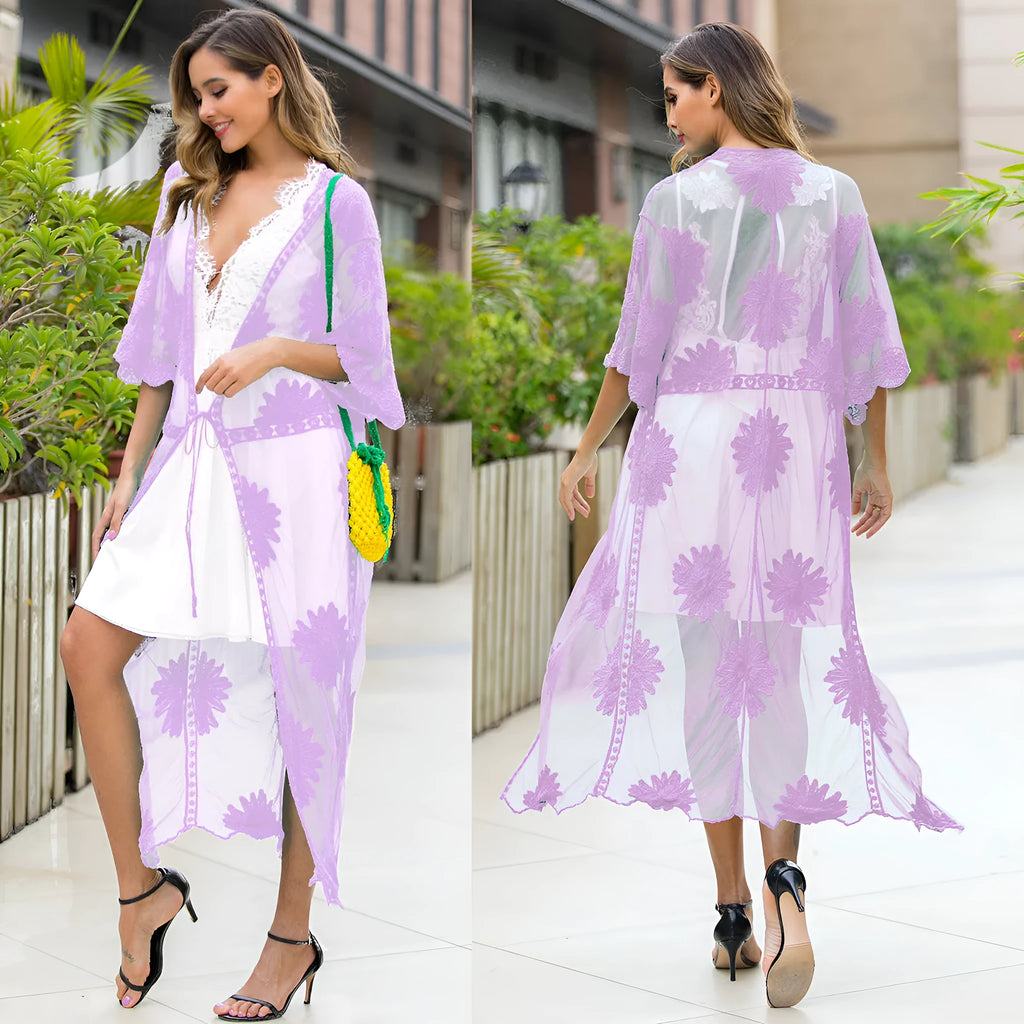 Light purple lace embroidery beach dress cardigan for women, free size swimwear outerwear