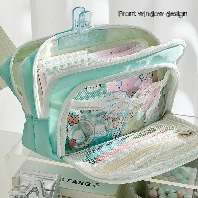 Double layer pencil case in solid colour with gift handle, dimensions 215mm x 135mm x 85mm