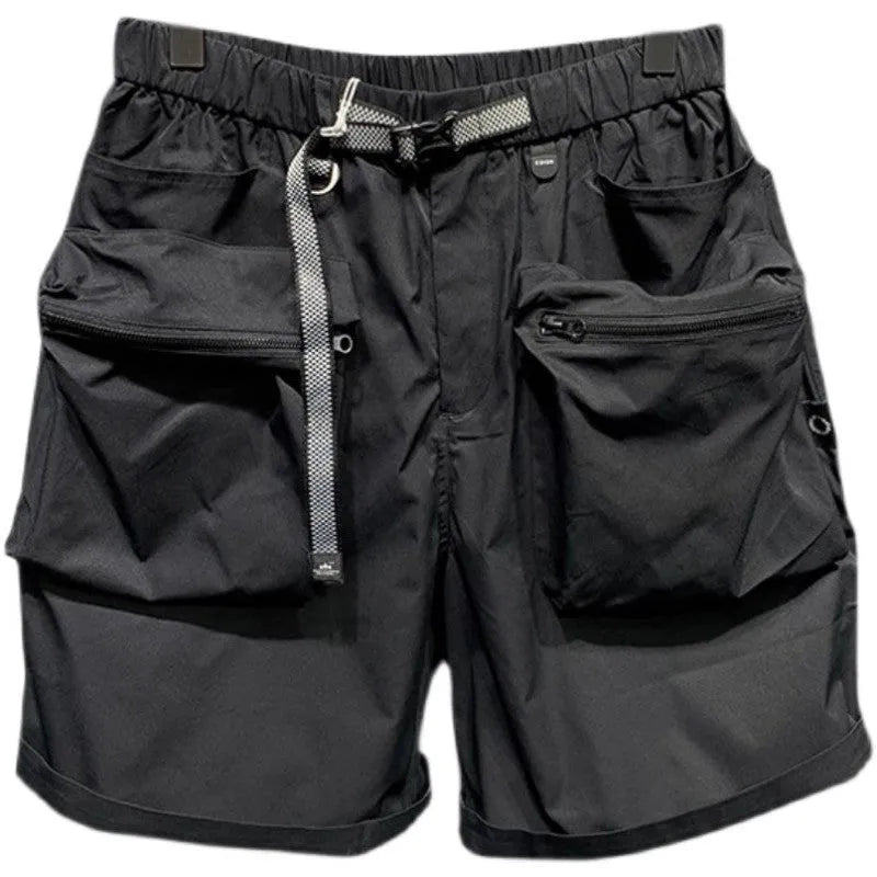 Men's black loose-fit workwear shorts with pockets in above-knee length