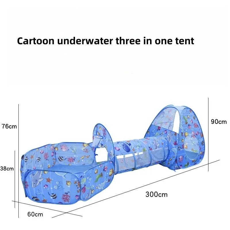 Colourful three-in-one children's play tent with cartoon design, featuring a fabric tent, ball pool, and plastic tunnel.