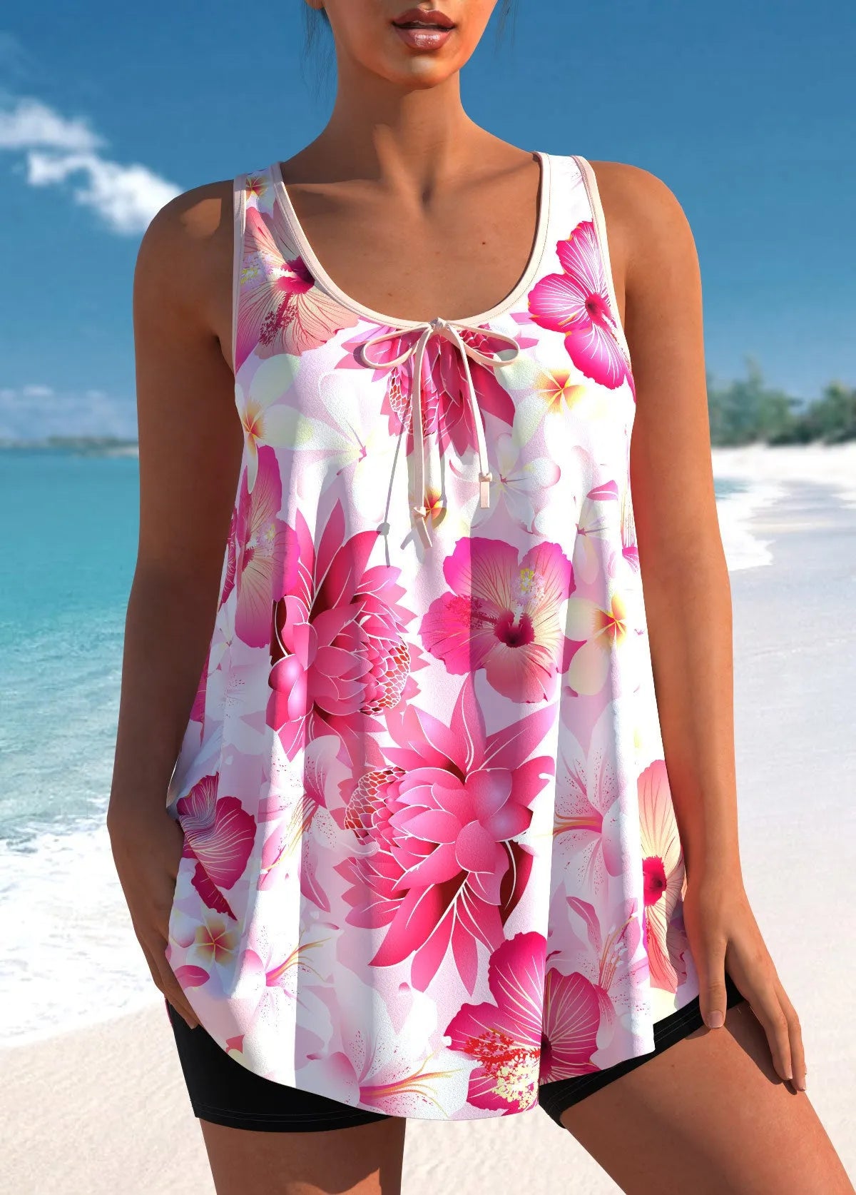 Pink floral printed plus size tankini swimsuit set with high-waist briefs on a mannequin