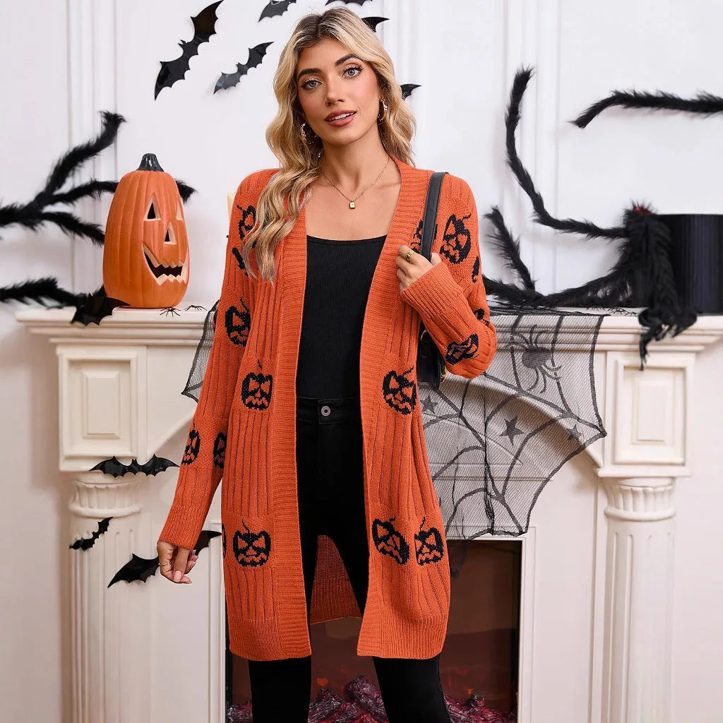 Women's black Halloween cardigan with orange pumpkin head jacquard knit pattern, straight cut with regular sleeves