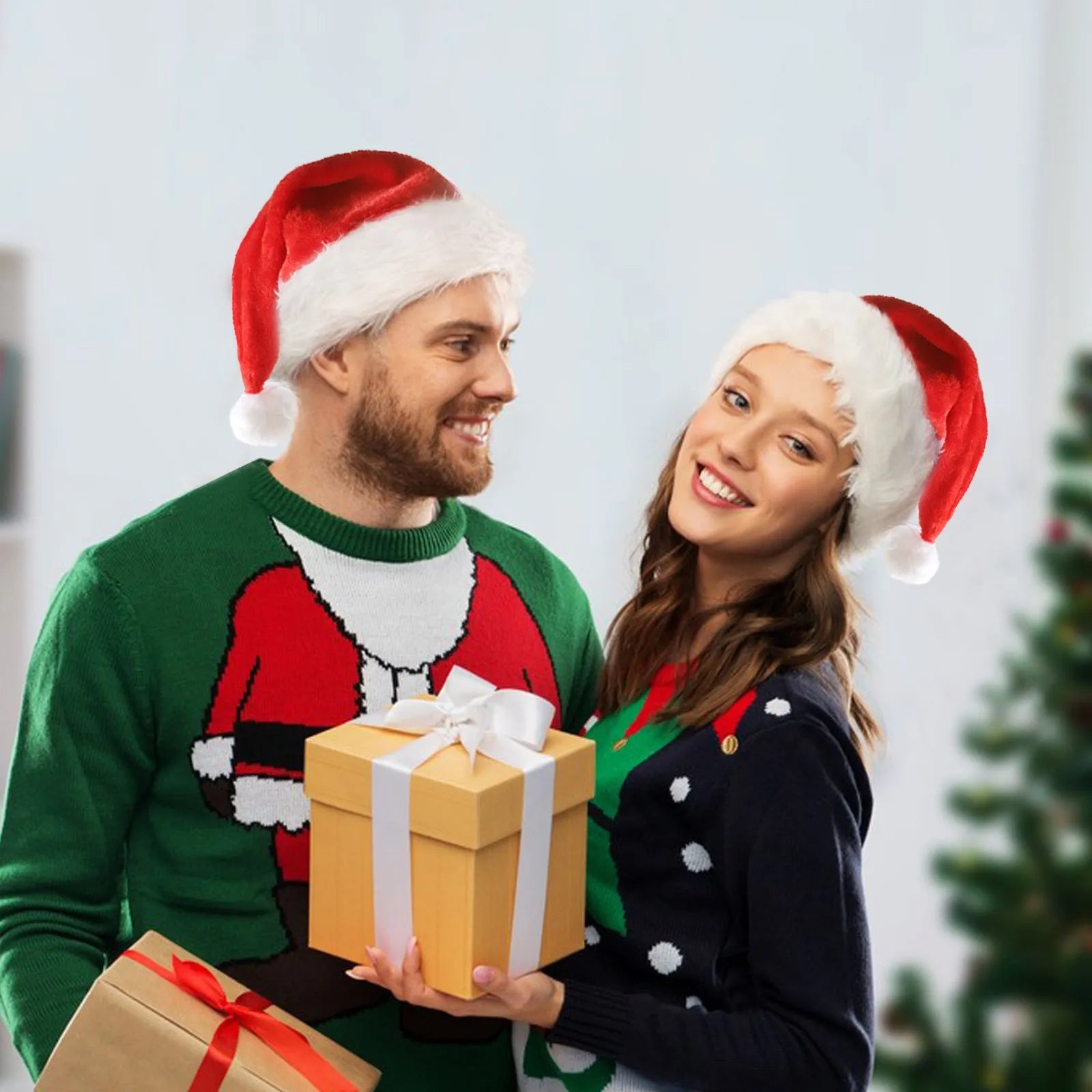 Red and white plush Santa hat with LED lights glowing in multiple colours on stretch spandex material