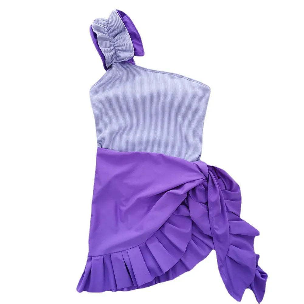 Women's single-shoulder suspender tube top one-piece swimsuit in solid colour with high-waist design